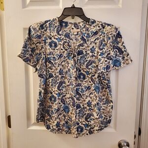 Knox Rose sz S pullover top 100% cotton blue/white floral Coastal Cottage Garden